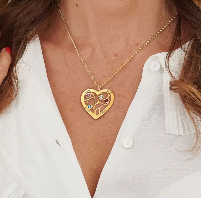 Heart Family Tree Necklace with Birthstones in Gold Plating Heart Family Tree Necklace with Birthstones in Gold Plating