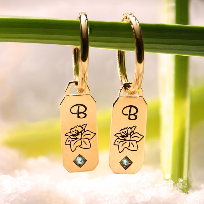 Blooming Birth Flower Initial Hoop Earrings with Birthstones