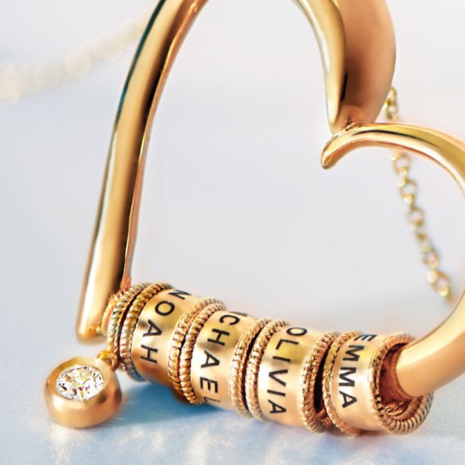 Charming Heart Necklace with Engraved Beads & 0.25CT Diamond in 10K Solid Yellow Gold