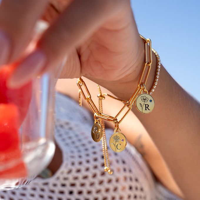 Prairie Birth Flower and Birthstone Initial Charm Bracelet in 18K Gold Vermeil