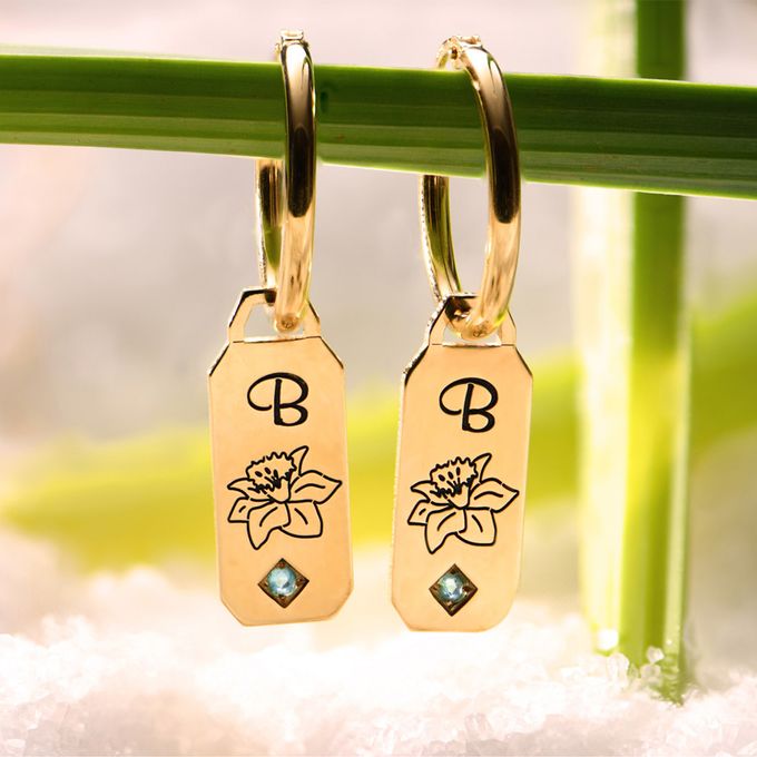 Blooming Birth Flower Initial Hoop Earrings with Birthstones in 18K Gold Vermeil