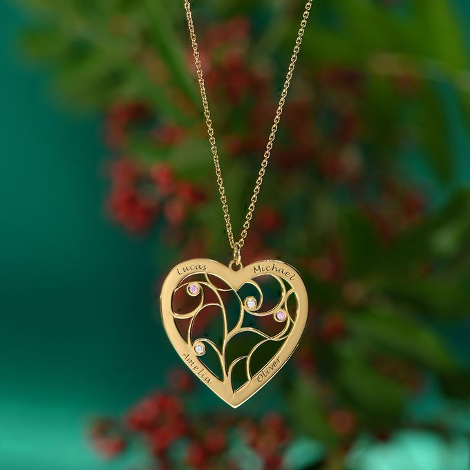 Heart Family Tree Necklace with Birthstones in 18K Gold Plating a gold heart shaped family tree necklace with birthstones