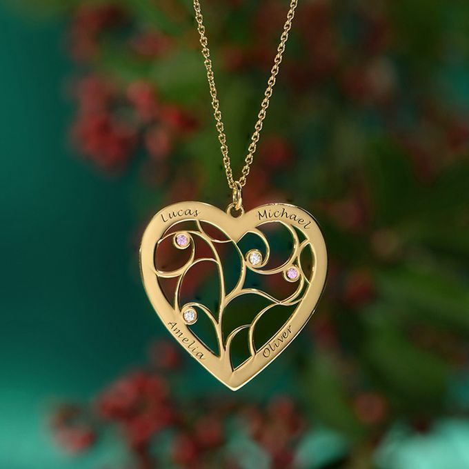 a gold heart shaped necklace with multiple birthstones