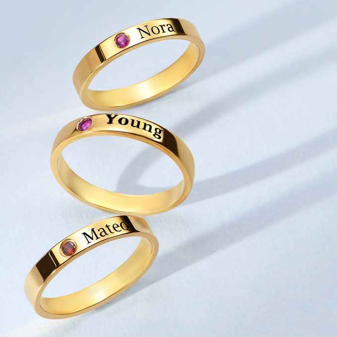 Stackable Birthstone Name Ring in 14K Solid Yellow Gold a couple of gold name rings with birthstones