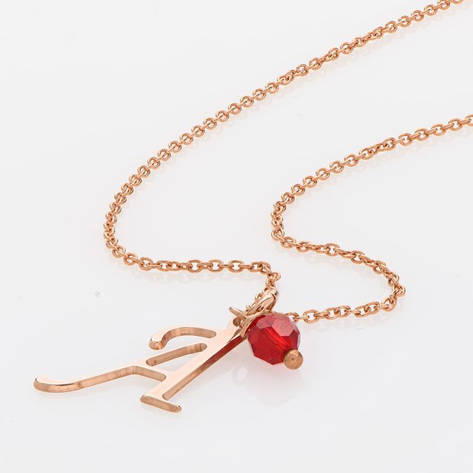 Initial Necklace with Birthstone in 18K Rose Gold Plating a rose gold initial necklace with a red heart on it