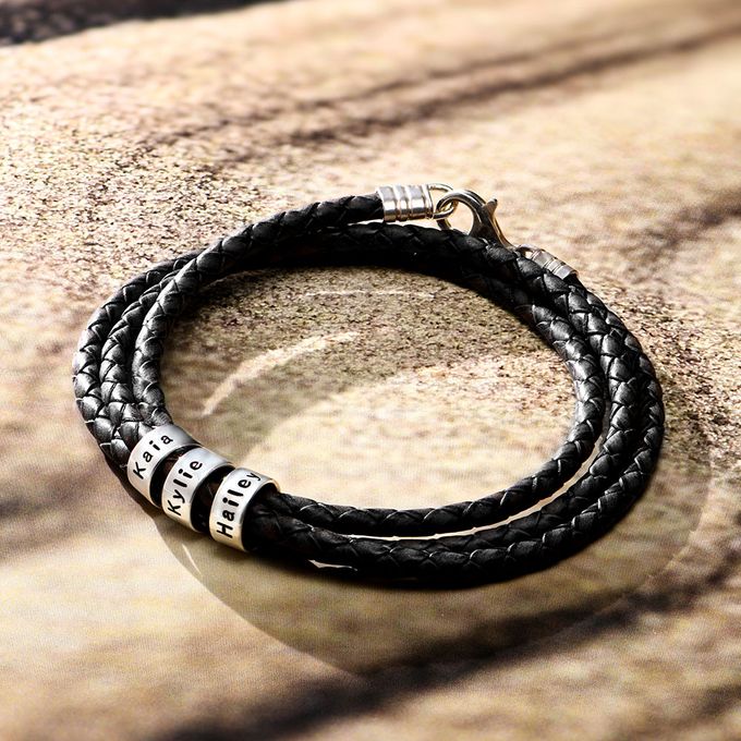 Mens braided leather bracelet with white gold engraved beads