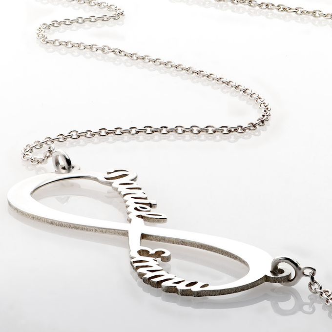 Infinity sign name necklace in white gold