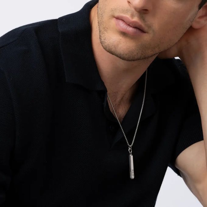 3D Engraved Hexagon Bar Necklace for Men in Stainless Steel