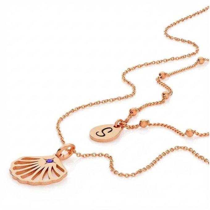 Ariel Shell S Initial Necklace with Birthstone in 18K Rose Gold Plating