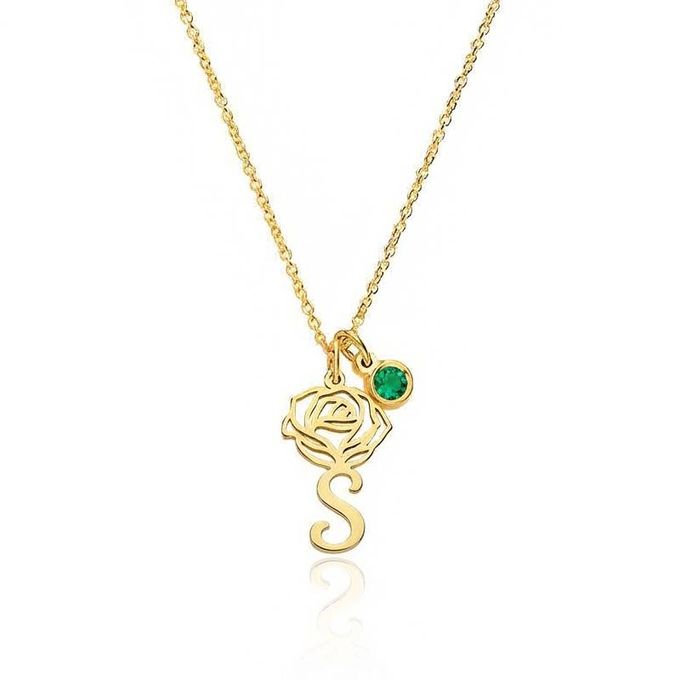 Blooming Birth Flower S Initial Necklace with Birthstone in 18K Gold Plating