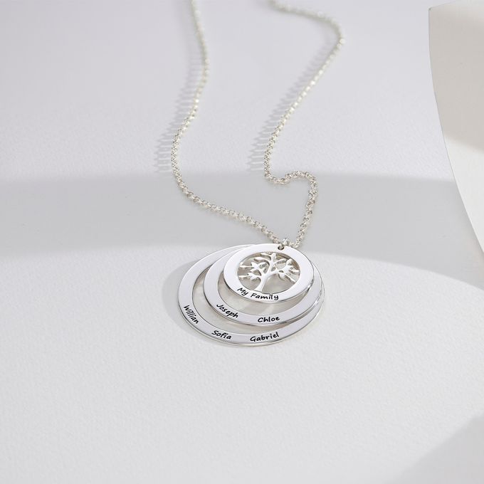 Family Circle Necklace with Hanging Family Tree in 10K Solid White Gold