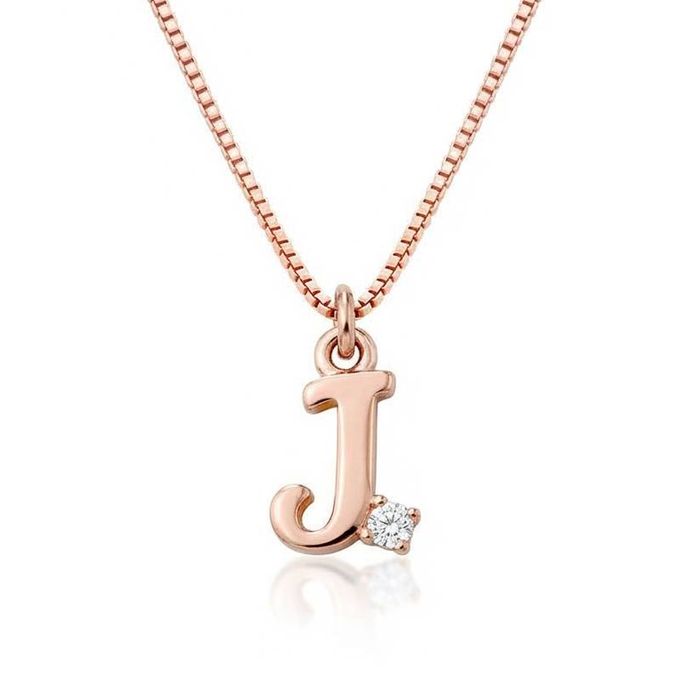 J Diamond Initial Necklace in 18K Rose Gold Plating