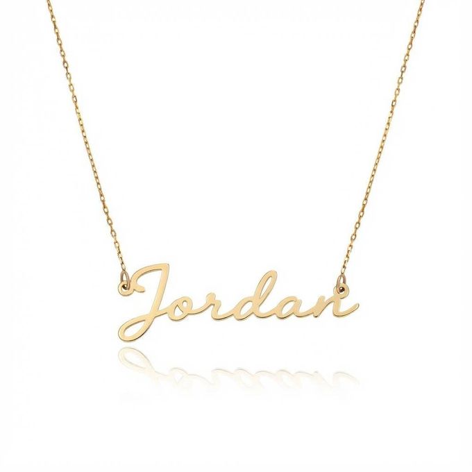 Jordan Signature Style Name Necklace in 18K Gold Plating a gold necklace with the word jordan on it