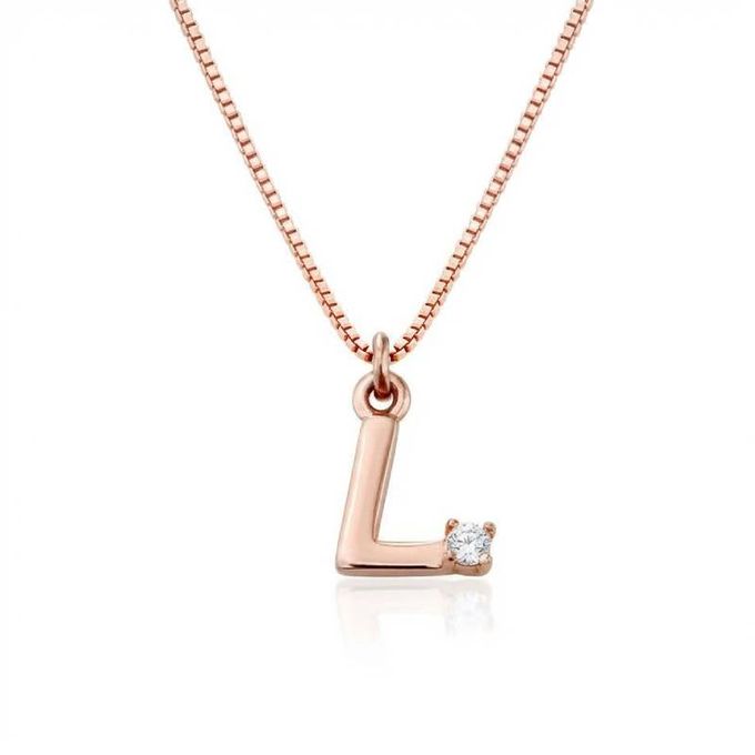 L Diamond Initial Necklace in 18K Rose Gold Plating