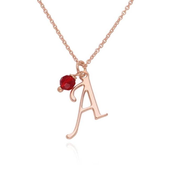 Letter A Initial Necklace with Red Birthstone in 18K Rose Gold Plating