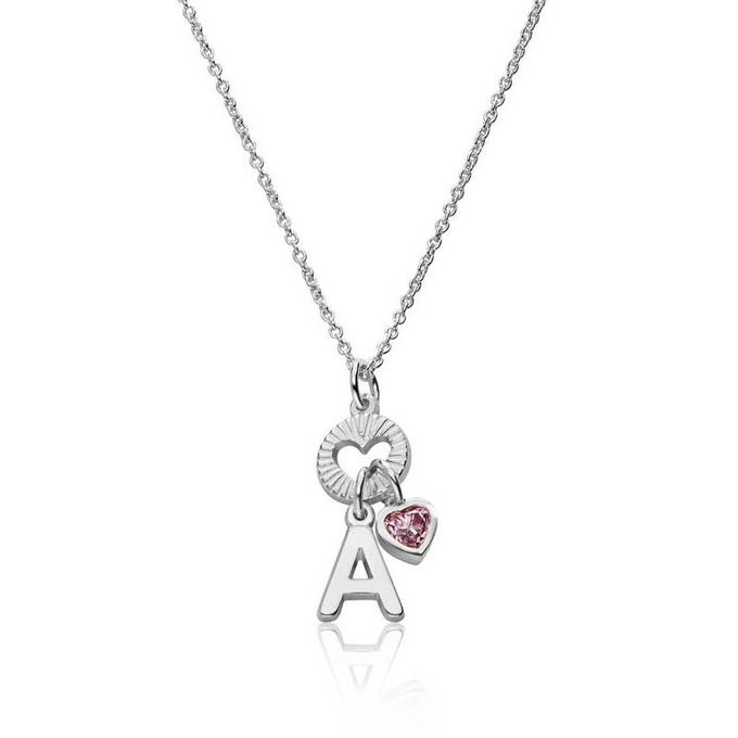 Letter A Noel Initial Necklace with Precious Heart Stone in Sterling Silver