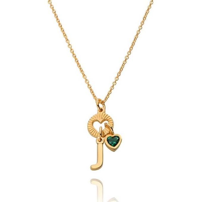 Letter J Noel Initial Necklace with Precious Heart Stone in 18K Gold Vermeil