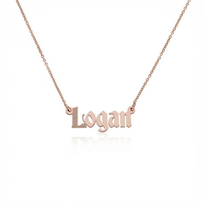 Logan Wednesday Textured Gothic Name Necklace in 18K Rose Gold Plating Logan Wednesday Textured Gothic Name Necklace in 18K Rose Gold Plating