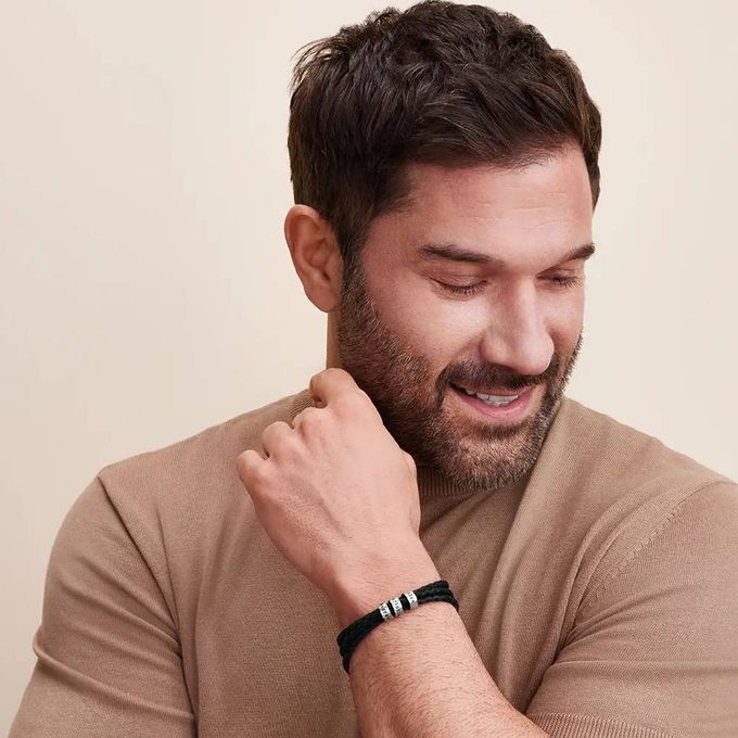 Navigator Braided Leather Bracelet for Men with Custom Beads in Silver