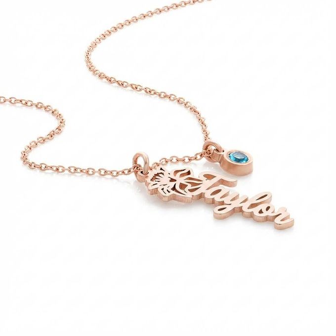 Taylor Blooming Birth Flower Name Necklace with Birthstone in 18K Rose Gold Plating