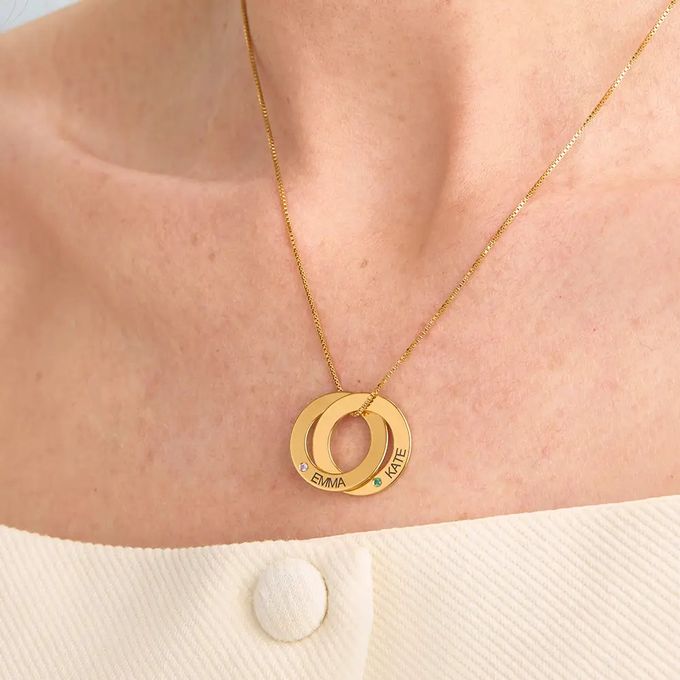 a close up of a person wearing a birthstone necklace
