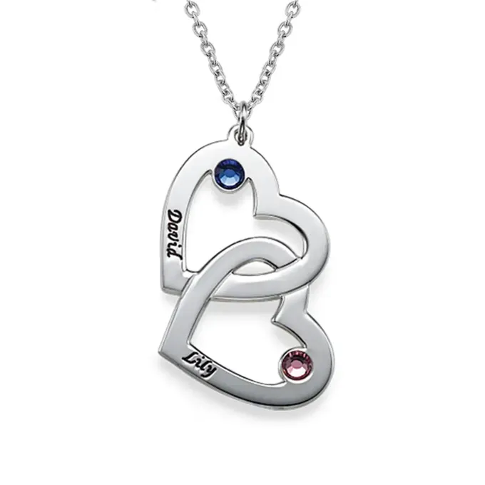 Heart in Heart Engraved Necklace with Birthstones in Sterling Silver