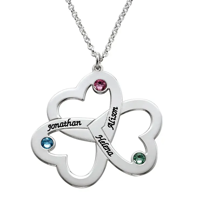Personalized Triple Heart Necklace with Birthstones in Sterling Silver