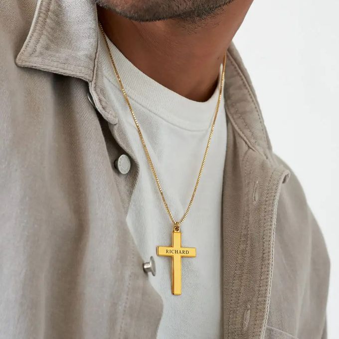 Men's Engraved Cross Necklace in 18k Gold Plating by Myka