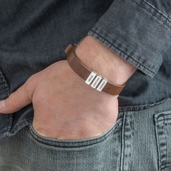 Voyage Men's Leather Bracelet With Custom Silver Bricks in Brown