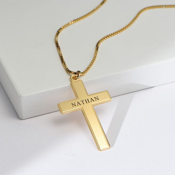 Men's Engraved Cross Necklace in 18k Gold Plating