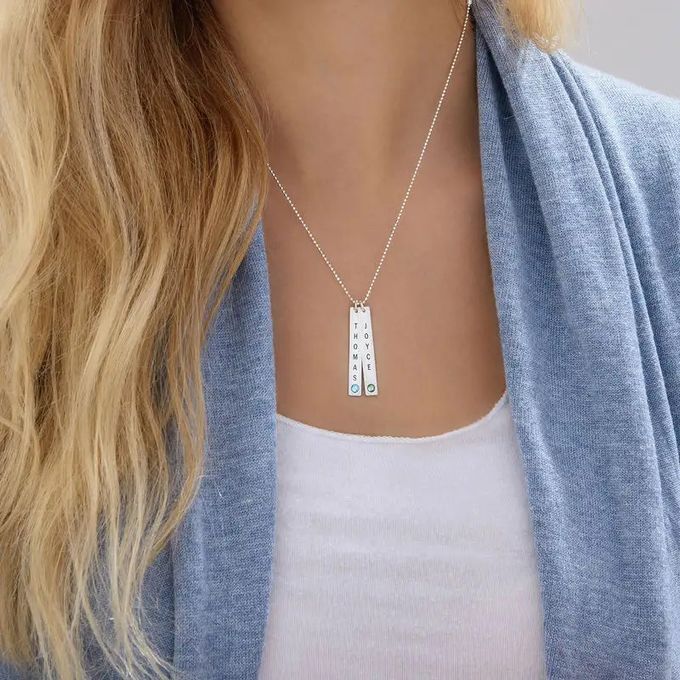 Vertical Sterling Silver Bar Necklace with Birthstone Crystal – MYKA