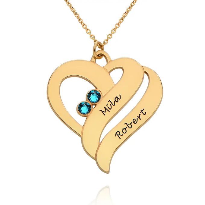 a personalized necklace with two birthstones and a name on it
