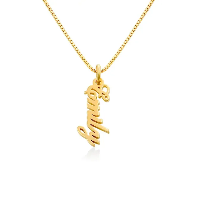 a gold name necklace with the name Emily on it