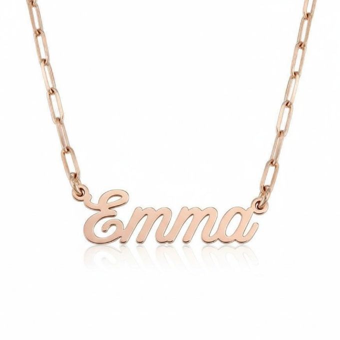Emma Paperclip Script Name Necklace in 18K Rose Gold Plating a gold necklace with the word Emma on it