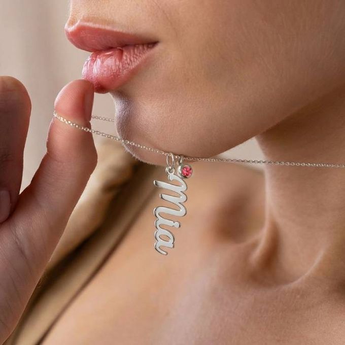 Mia Blooming Birth Flower Name Necklace with Birthstone in Sterling Silver Mia Blooming Birth Flower Name Necklace with Birthstone in Sterling Silver