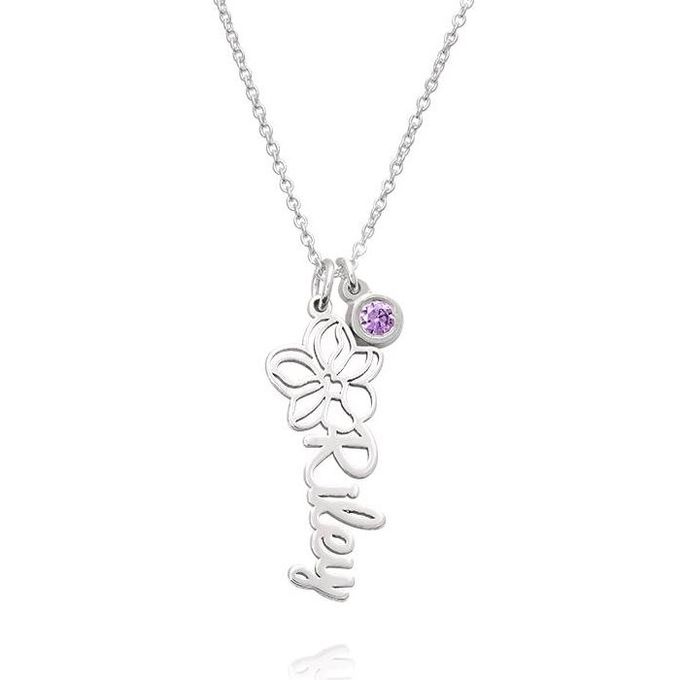 Riley Blooming Birth Flower Name Necklace with Birthstone in Sterling Silver