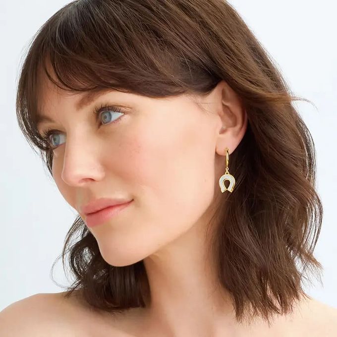 Lucky You Hoop Earrings in Sterling Silver a close up of a person wearing a pair of horseshoe earrings