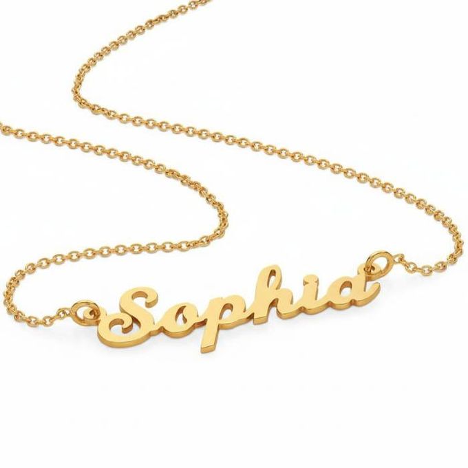 a gold necklace with the word sophia on it