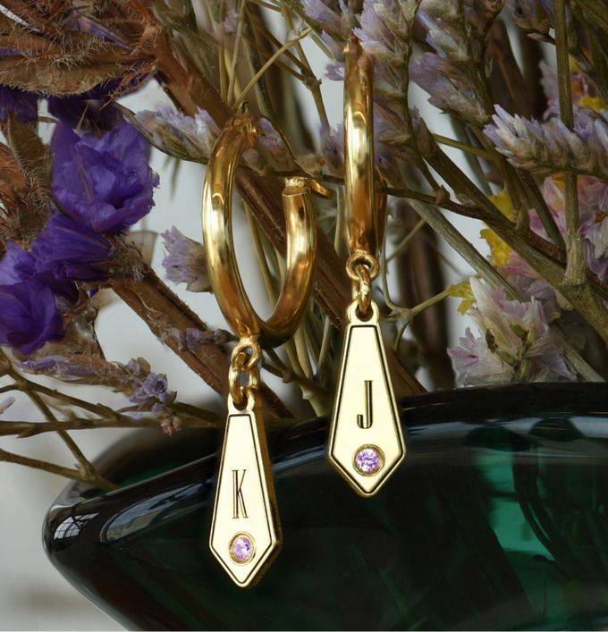 Gia Drop Initial Hoop Earrings with Birthstones 