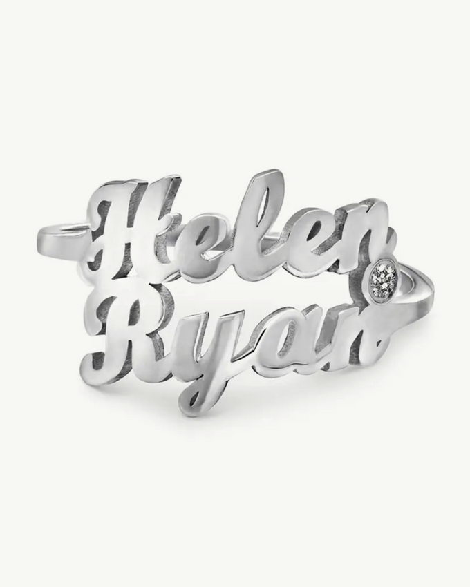 Script Double Name Ring with Diamond in Sterling Silver