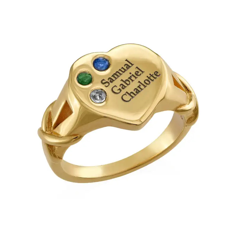 Stock image of a gold heart-shaped signet ring with birthstones
