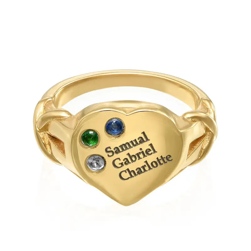 Stock image of a gold inscribed heart-shaped signet ring with birthstones