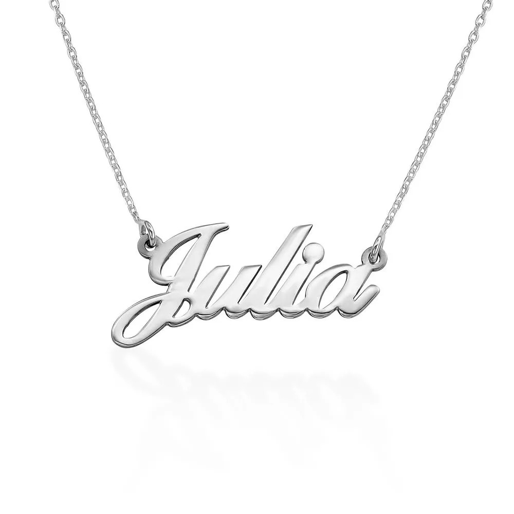 Stock image of a silver necklace that reads "Julia"