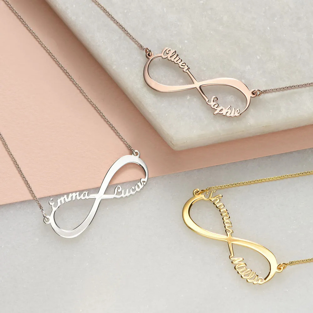 Infinity name necklaces in gold, silver, and rose gold