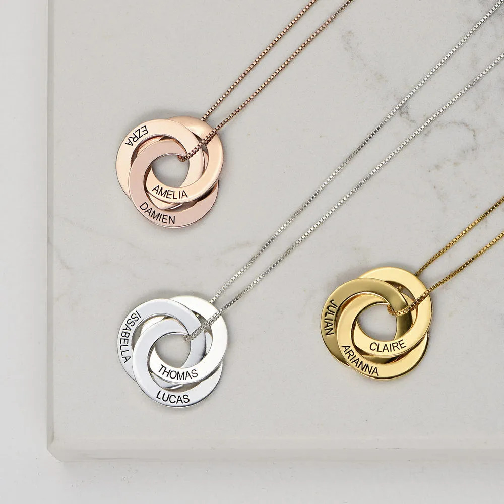Myka's Russian ring necklace in silver, gold, and rose gold