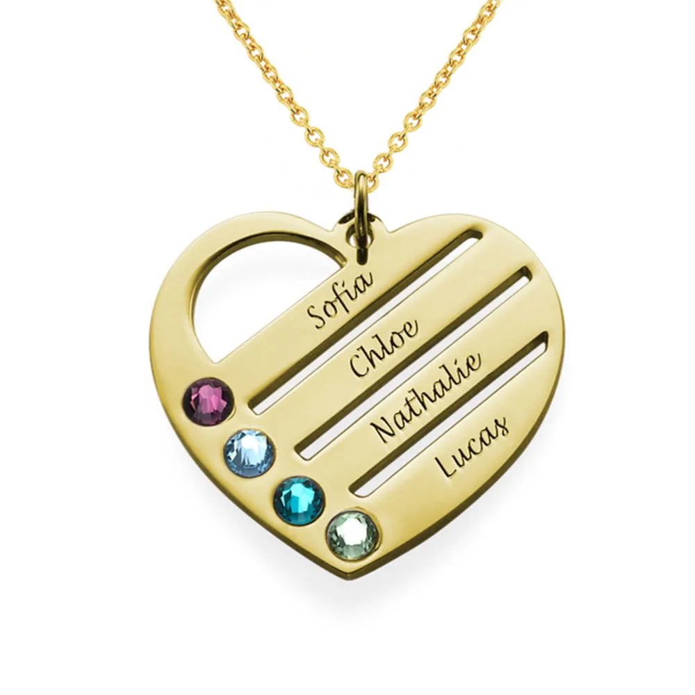Stock image of a gold necklace with a heart-shaped inscribed pendant with birthstones