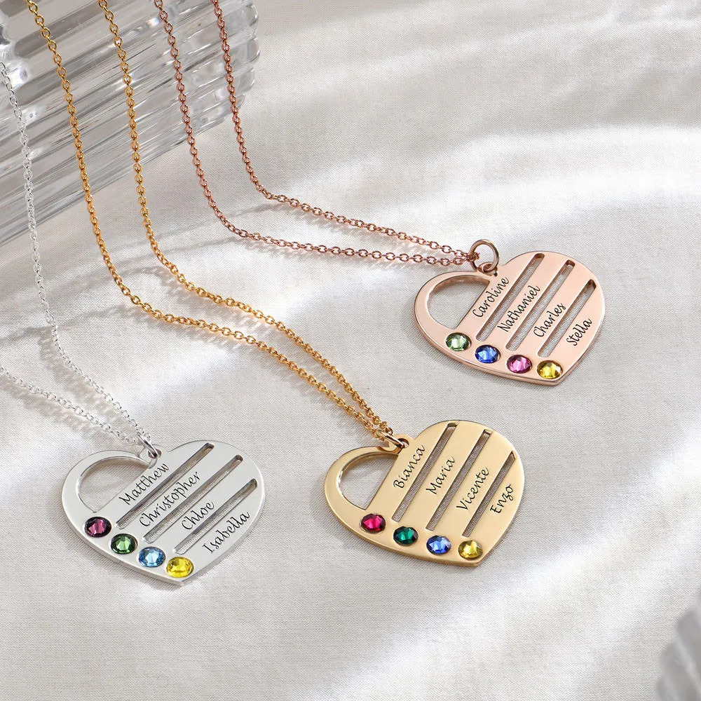 Heart-shaped inscribed necklaces with birthstones in silver, gold, and rose gold