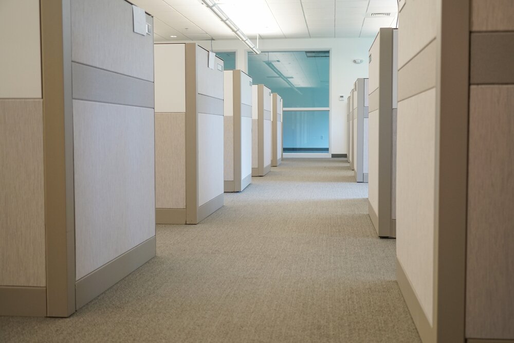 An empty office, featuring a number of tiny cubicles.