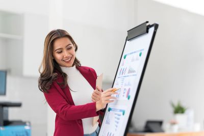 Woman in an office presenting with charts