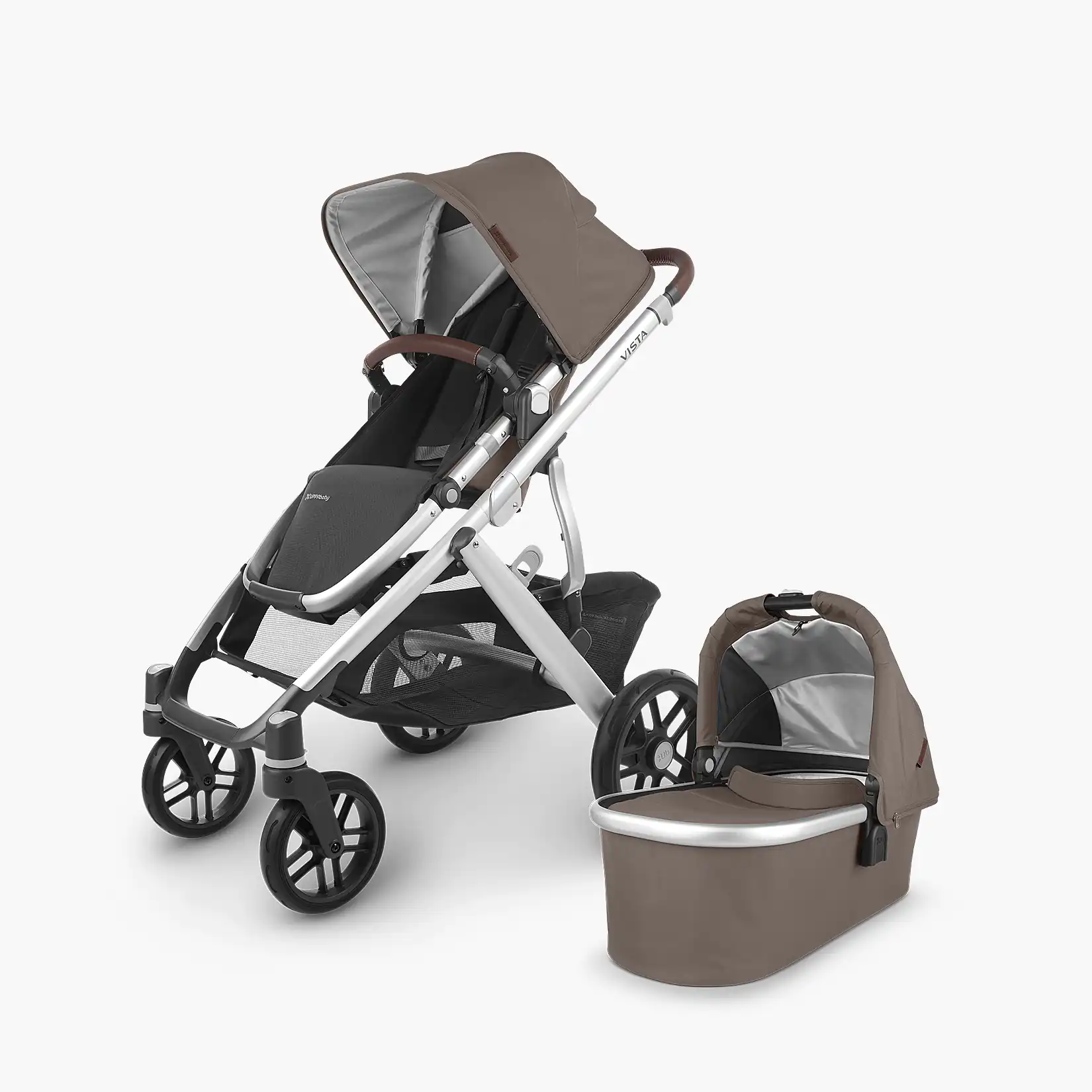 A stroller and a baby carriage.